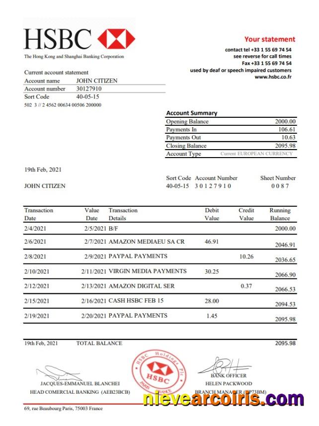 France HSBC bank statement in .xls and .pdf file format